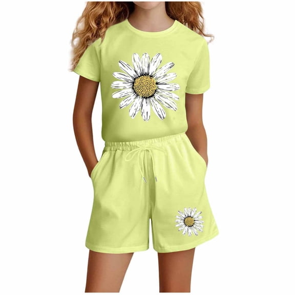 BLTIBY Girls Summer Outfits Printed Set Cap Sleeve T Shirt and Elastic Waist Shorts 2 Piece Clothing Sets with Pockets Green 11-12 Years