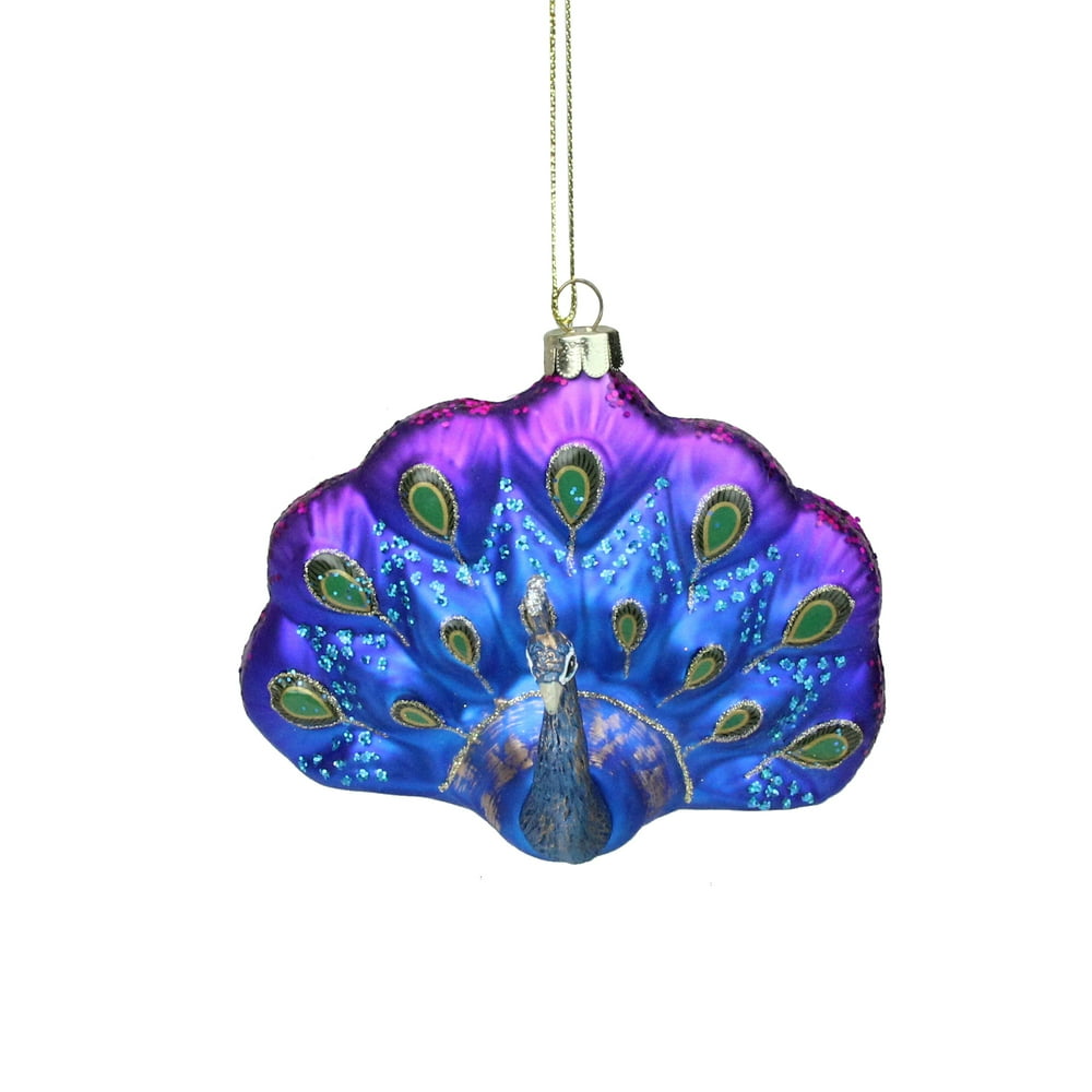 4.25" Regal Peacock Blue and Purple Glittered Glass Peacock Christmas