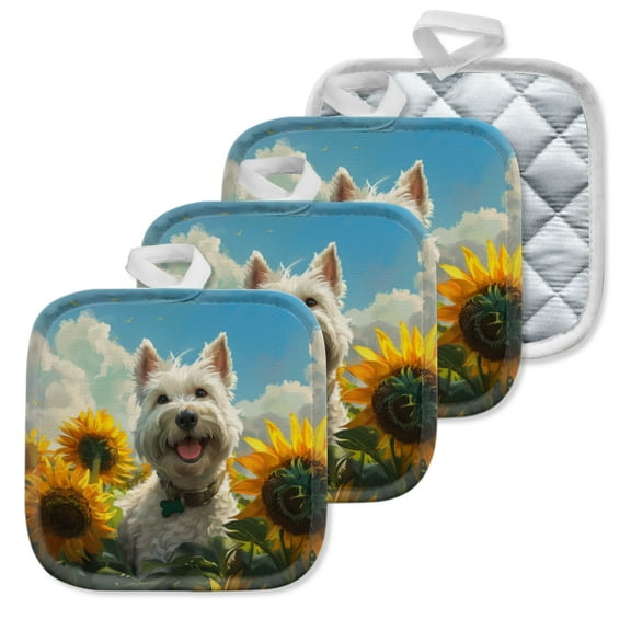 4 Pack Pot Holders,Kitchen Essential, Potholder Set,Terrier'S Blissful Moment In Sunflower Paradise