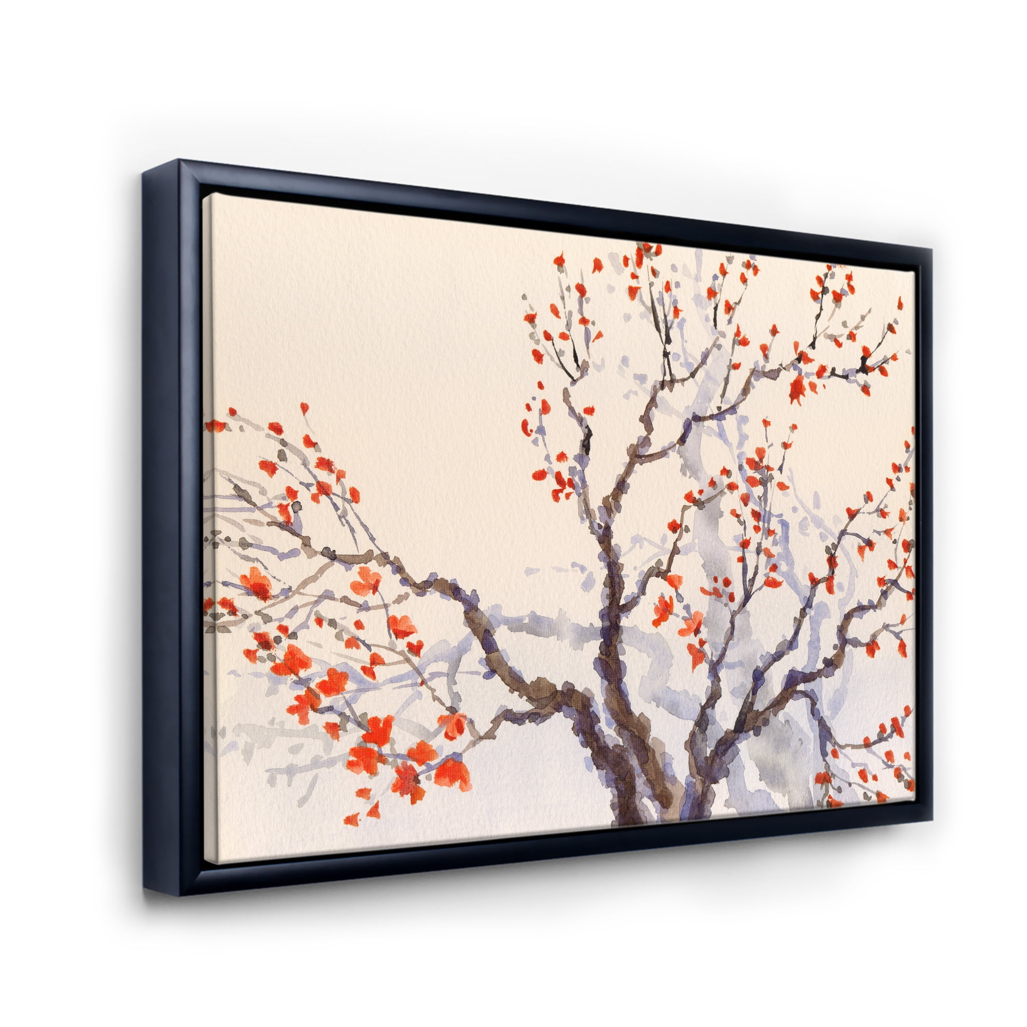 Buds and Red Flowers On The Spring Blossoming Tree 20 in x 12 in Framed Painting Canvas Art Print, by Designart
