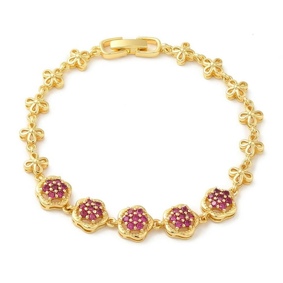 2 pc Medium Violet Red Cubic Zirconia Flower Link Bracelet Brass Bracelet Lead Free Cadmium Free Real 18K golden Plated 7-1/2 inch(19cm)