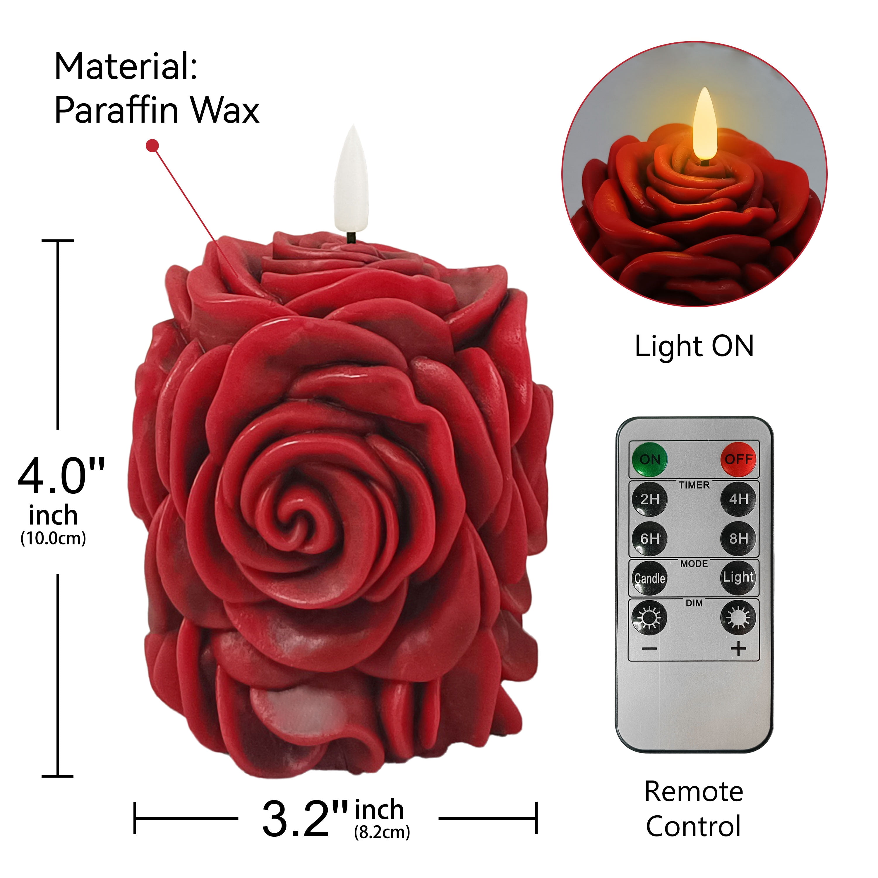 Rose Flower Flickering Flameless Candles, Real Wax LED Candles with Remote and Timer, 3.8 Inch Battery Operated Pillar Candles for Room Elegant Decor Home Wedding Decoration