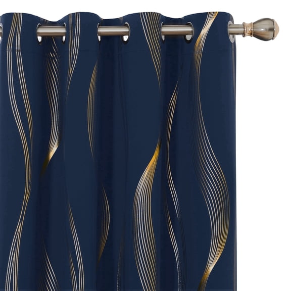 ZOPZO Blackout Curtains, Thermal Insulated, Navy Blue, 52W x 84L Inch, Room Darkening Drapes with Golden Wave Print for Bedroom Living Room