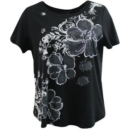 - Plus Size Women's Short Sleeve Floral Blouse Cotton Tee T-Shirt Fashion Top Black 1X (16.048)