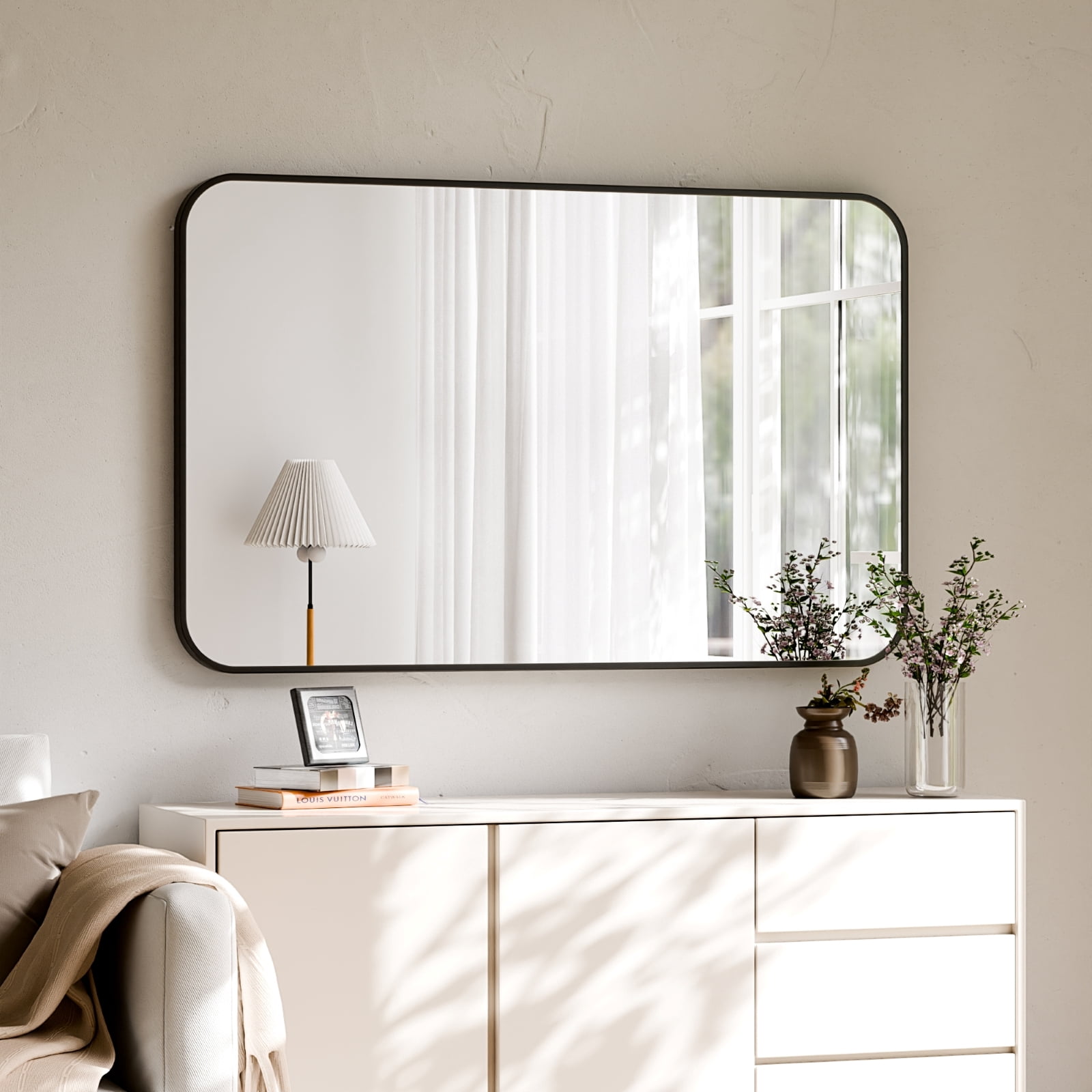 GRAHMCY 30"x48" Bathroom Mirror Wall-Mounted Vanity Mirror with Rectangular Metal Frame, Black