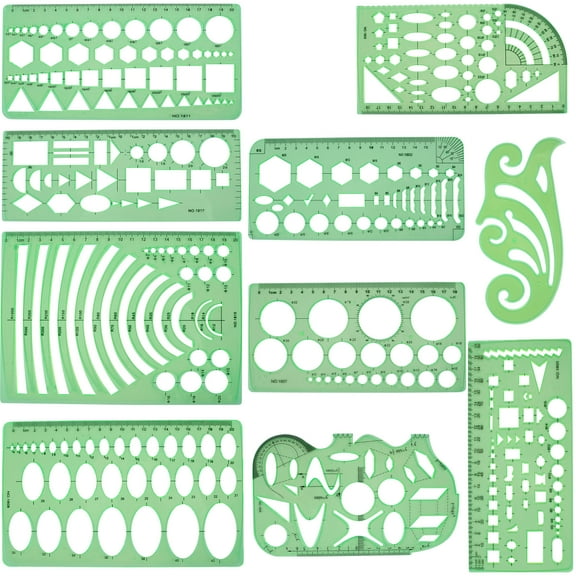 11Pcs Geometric Drawings Templates Plastic Measuring Templates Professional Geometry Stencils Washable Reusable Drafting Stencils Measuring Tools Building Geometric Kit for Office School