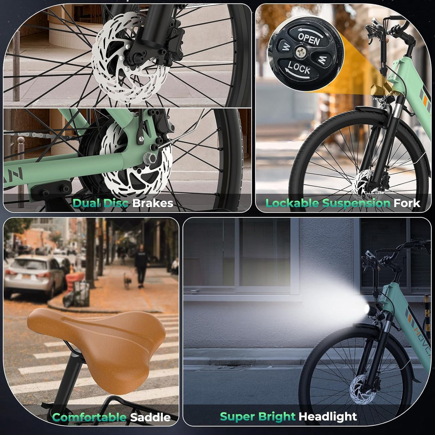 26" Commuter Electric Bike for Adults, 28 MPH Adult Electric Bicycles with New Shock Absorption, 1000W Motor, 48V 13Ah, Unisex, UL 2849 Certified, Green