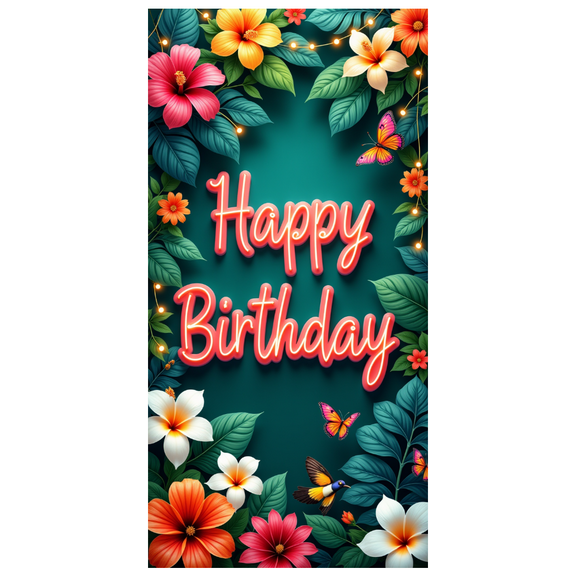 Tropical Flowers Birthday Banner Colorful Blooms Party Decoration Neon Letters for Birthday Party Indoor Outdoor Event
