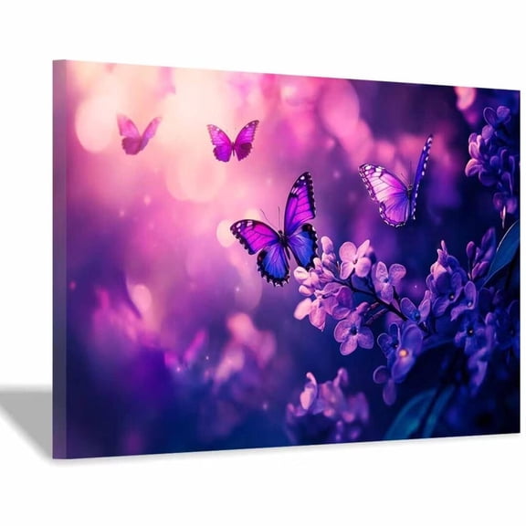 Mudket Purple Lilac Flowers with Butterflies Canvas Wall Art, Framed Floral Print, Ready to Hang Wall Decor for Bedroom Living Room, Whimsical Nature Artwork - 12"L x 8"W