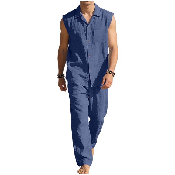 HBGVBA Mens Casual Summer 2 Piece Outfit Sleeveless Button Collared Tank Top Elastic Waist Long Pants Set
