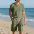 thumbnail image 4 of CHUMUD Cotton Linen 2 Piece Sets for Men Half Button Collared Short Sleeve Shirts and Drawstring Cargo Shorts Summer Trendy Casual Vacation Outfits, 4 of 9