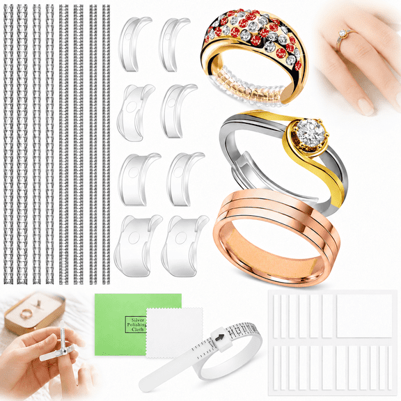 Ring Sizer Adjuster Kit for Loose Rings , Invisible Ring Guards, Silicone Tighteners, EVA Foam Spacers , Ring Measuring Tool & Polishing Cloth (Universal Fit for Women & Men)