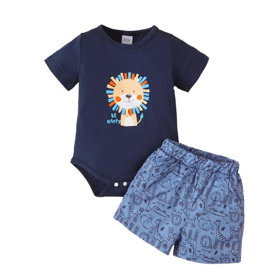 Kucnuzki 12 Months Infant Boy Summer Outfits Shorts Sets 18 Months Short Sleeve Lion Prints Romper Tops WalkShorts 2PCS Set Blue