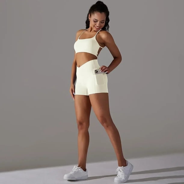 Conjunto de sujetador corto con espalda cruzada para mujer, pantalones cortos, trajes de Yoga con bolsillos, conjuntos de entrenamiento para verano, Fitness, gimnasio, chaleco deportivo sin mangas