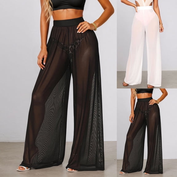 KDFJPTH Women's Sheer Mesh Wide Leg Pants Elastic Waist Black Casual Beach Cover-Up Trousers Black L