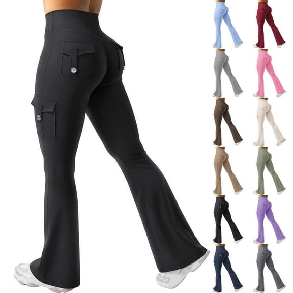 Women's High Waist Flare Leggings, Hidden Scrunch Butt Lifting Yoga Pants with Cargo Pockets, No Front Seam Workout Leggings for Gym, Running and Training-Beige