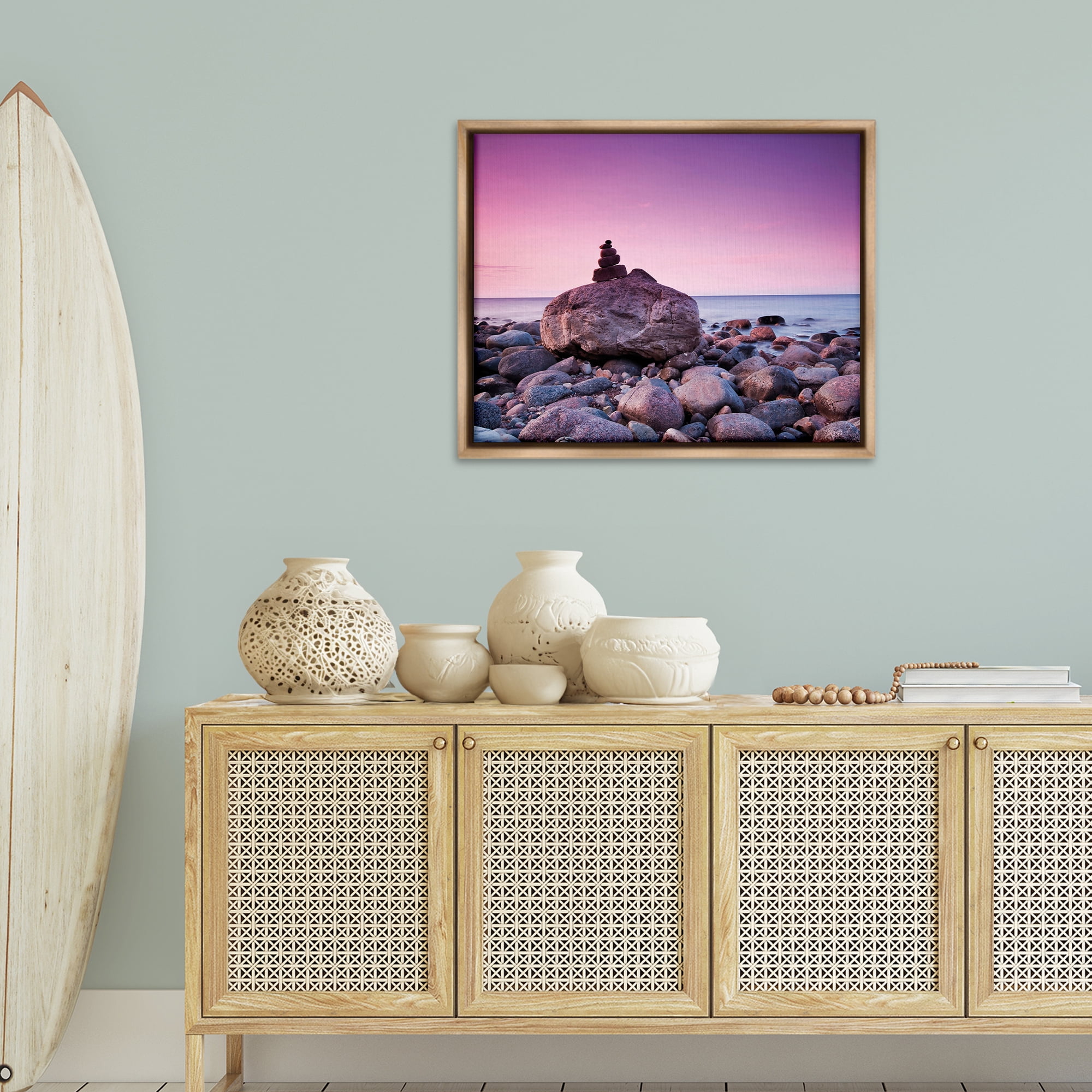 Stupell Industries Stacked Rocks on Shore Nautical & Beach Photography Brown Floater Framed Canvas Art Print Wall Art, 31 x 25