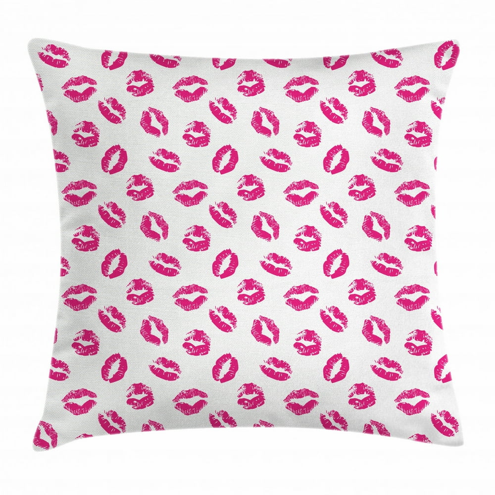 Kiss Throw Pillow Cushion Cover, Vibrant Colored Lipstick Kiss Print Smooch Abstract Hot Pink