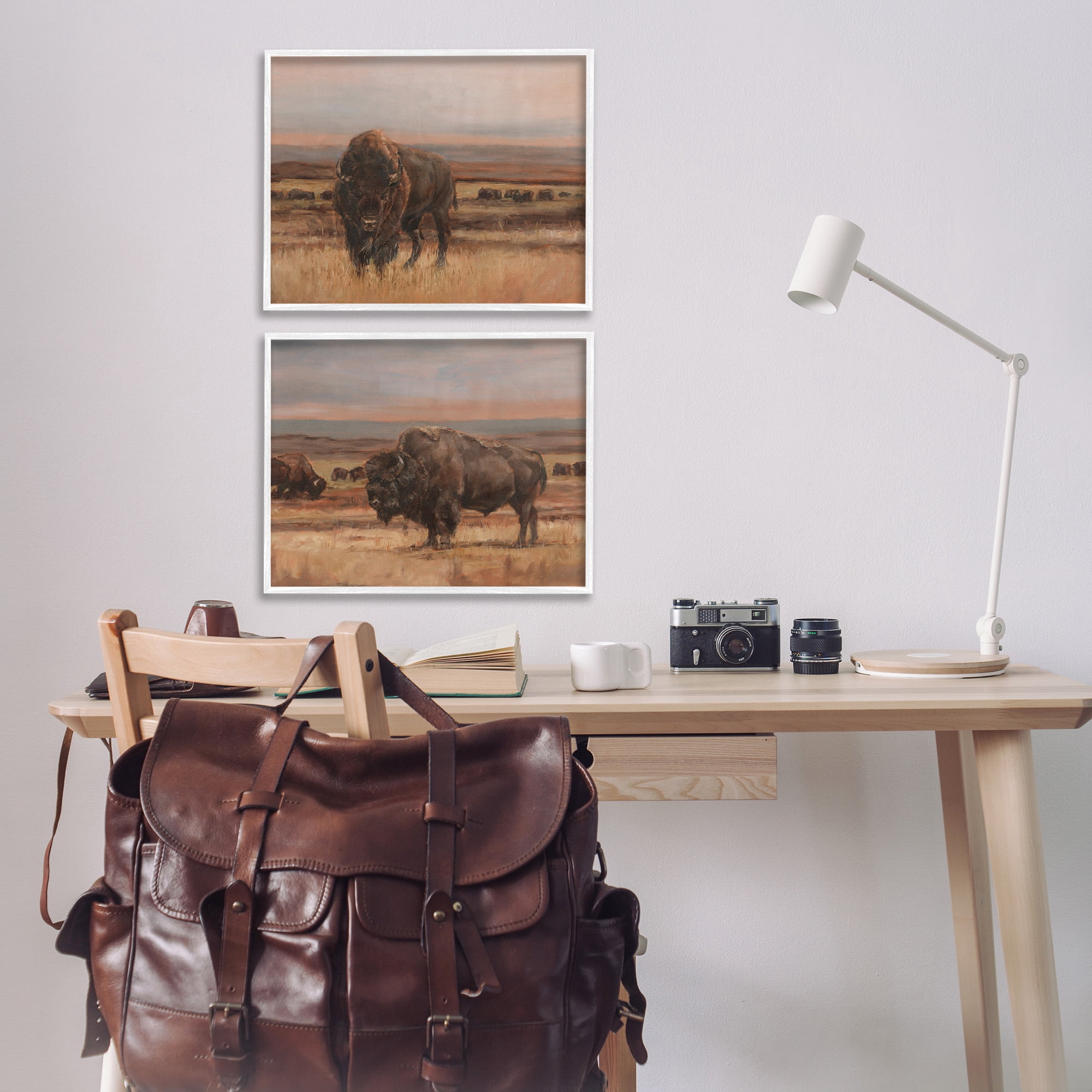 Stupell Industries Scattered Bison & Farmland Animals & Insects Painting White Framed Art Print Wall Art, 20 x 16, Set of 2