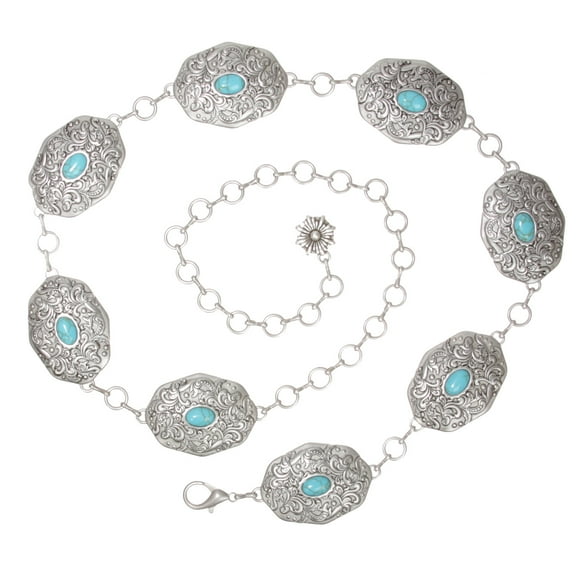 Women's Western Turquoise Blue Stone Oval Concho Chain Belt