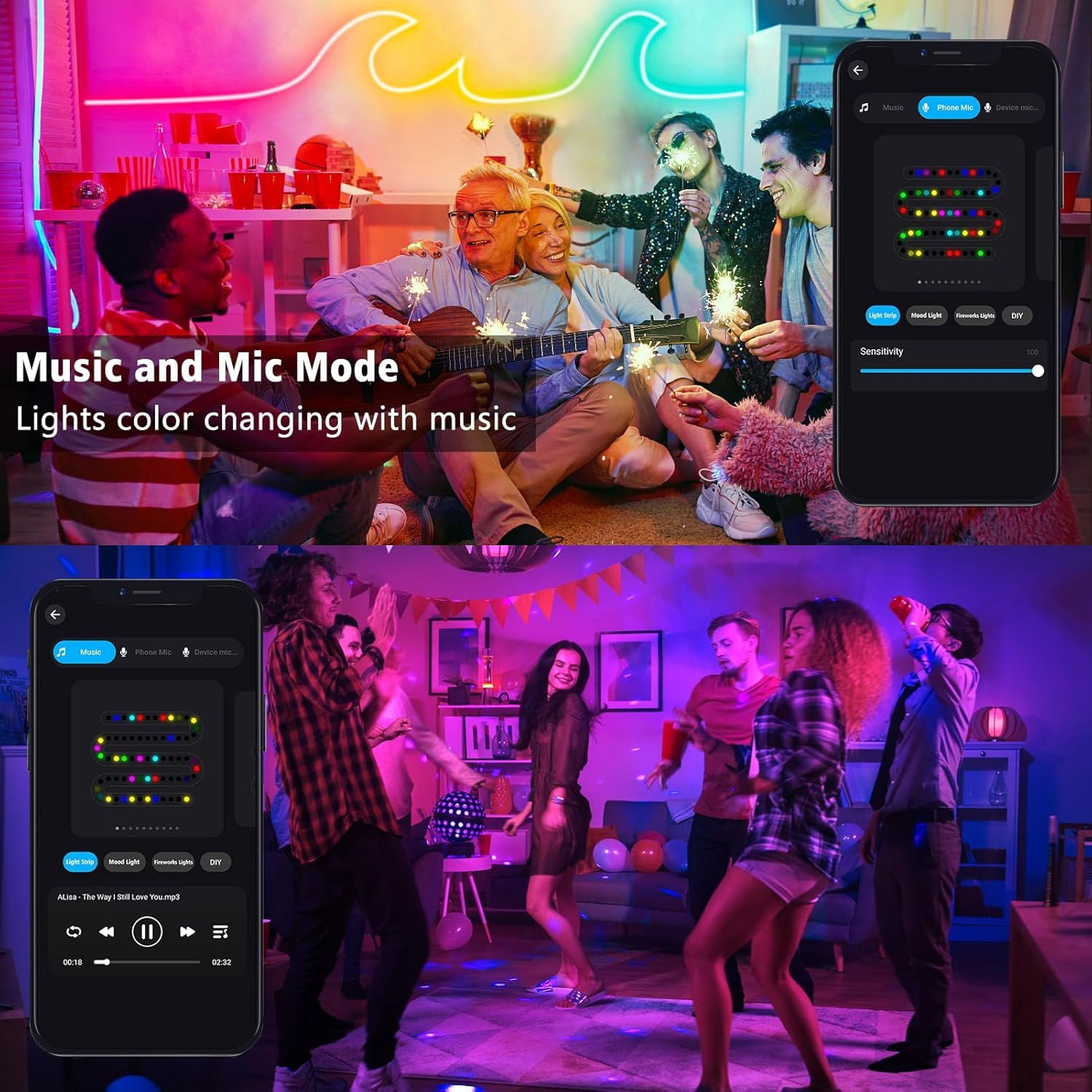 Neon Rope Lights , Flexible LED Strip Lights with App & Remote Control, Music Sync RGB Light Strip, IP65 Waterproof Rope Lights for Bedroom, Gaming Room, Party Decor