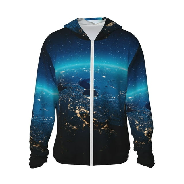 Fotbe Planet Earth Chaqueta con Protección Solar UPF 50+ para Hombre y Mujer, Camisa con Capucha y Bolsillos-3X-Large