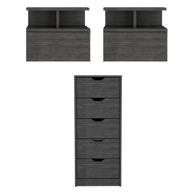 Pemberly Row Ensemble de 3 Commodes en Bois et 2 Tables de Nuit Flottantes en Chêne Fumé