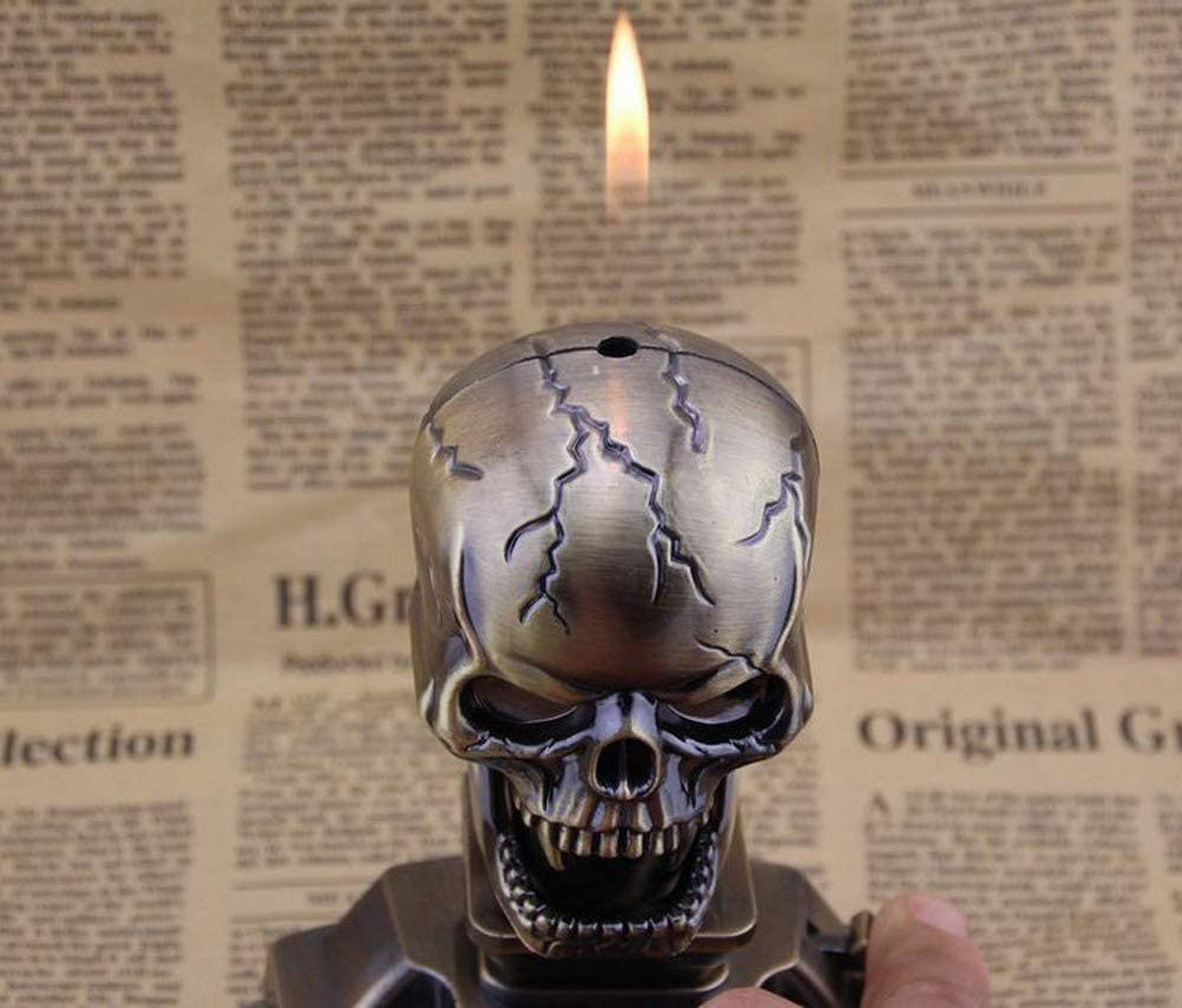Piioket Skull Skeleton Shaped Cigar Cigarette Lighter Refillable Butane Gas Normal Flame Lighter with Ashtray Ash Tray
