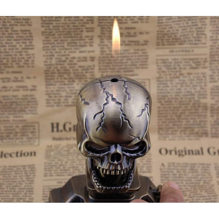 Piioket Skull Skeleton Shaped Cigar Cigarette Lighter Refillable Butane Gas  Normal Flame Lighter with Ashtray Ash Tray