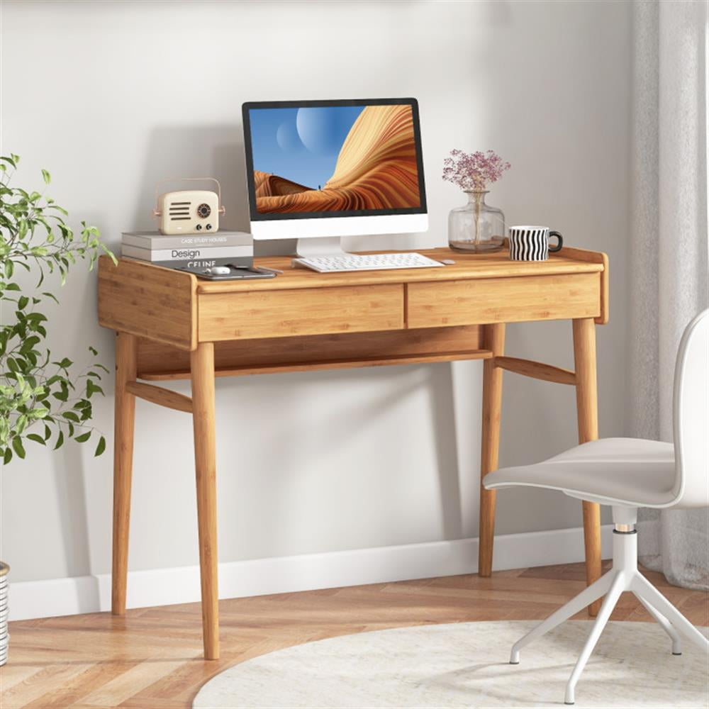 Demi Bonn Bamboo Computer Desk with 2 Storage Drawers and Open Shelf, Small Home Office Desk Study Writing Table, Beige