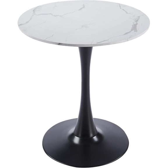LeisureMod Bristol 35" Wide Round Dining Table Bivel Design MDF Wood Top and Black Stainless Steel Pedestal Base Accent Table Mid-Century Café Table, Kitchen Dining Room Furniture (White Marble)