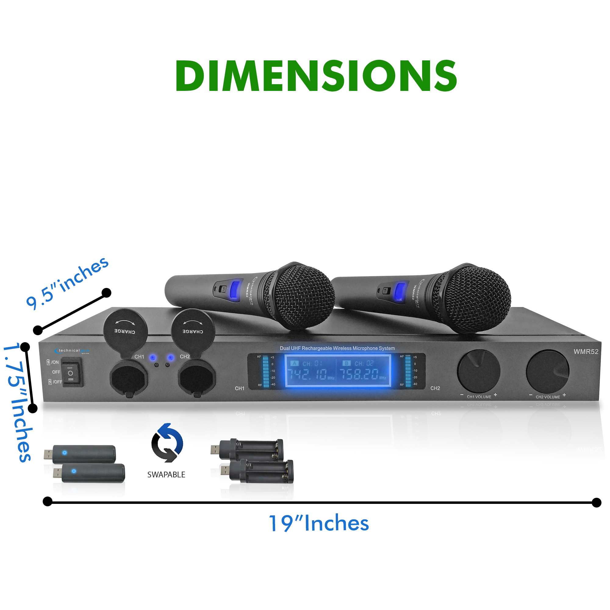 Technical Pro Dual UHF Wireless Microphone System Rechargeable Handhelds DJ Karaoke