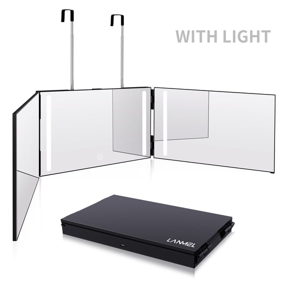 3 Way Mirror for Hair Cutting with Lights, 360 Trifold Rechargeable Self Cut Braiding Barber Mirror, Makeup Mirror, Large