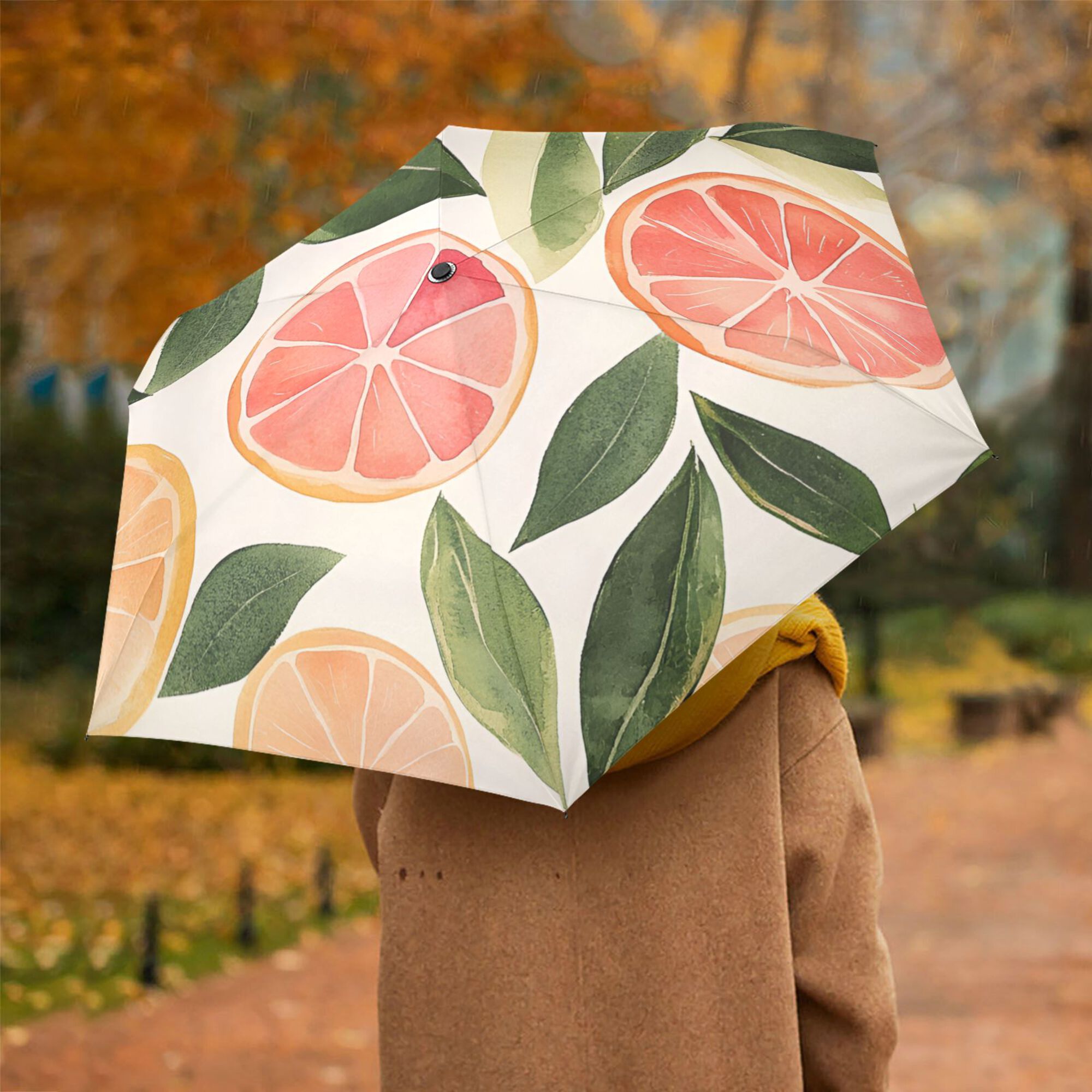 FORMRS Travel Umbrella Folding Auto Open Close Windproof Rain UV Protection, Watercolor Grapefruit