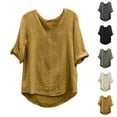 thumbnail image 1 of Camisas de manga larga,Blusa informal de manga corta de mezcla de lino para mujer, cuello redondo, color liso, suave y cómoda para el verano, sopatenor, 1 of 9