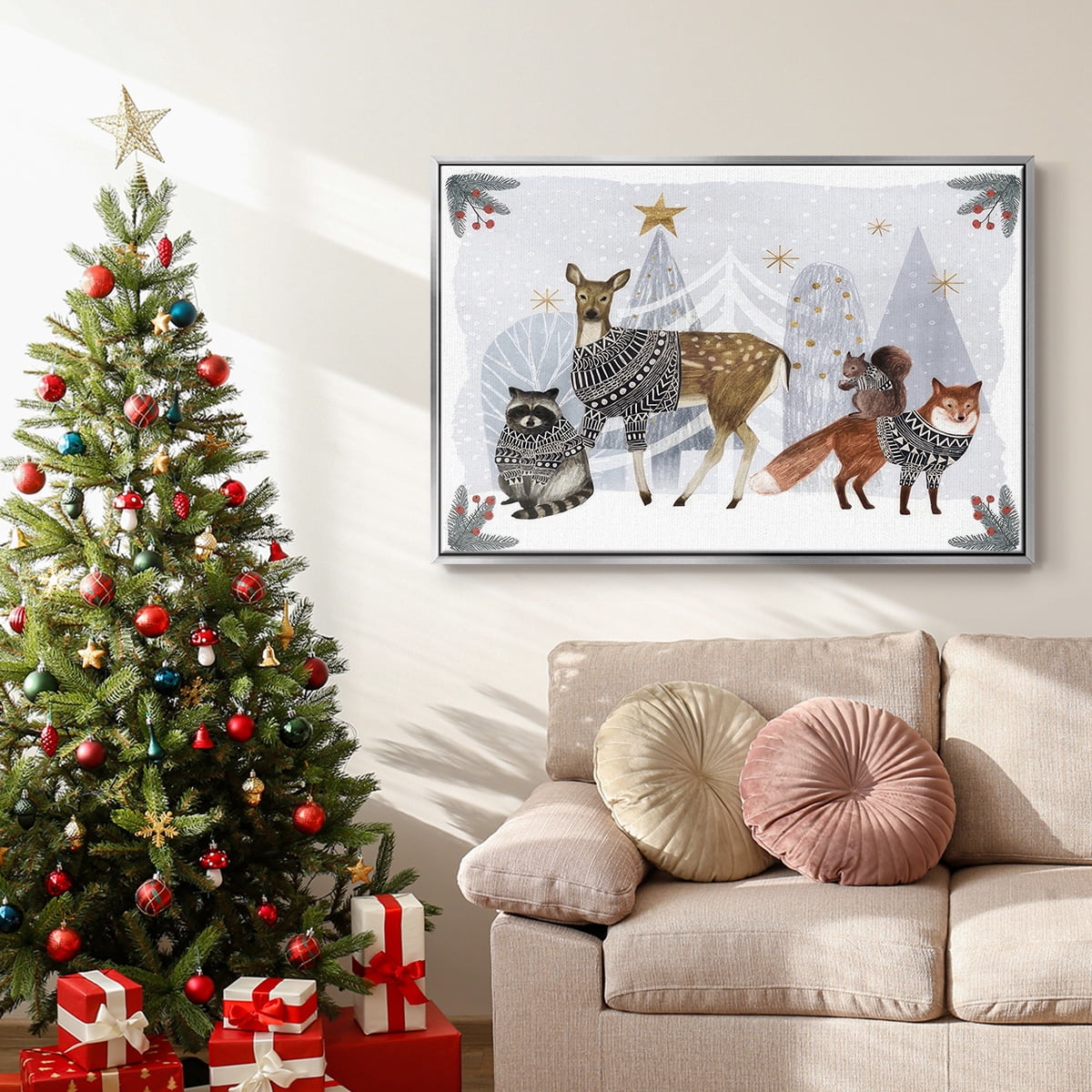 Cozy Christmas Collection A - Framed Gallery Wrapped Holiday Canvas - 17 x 25 - Silver Frame