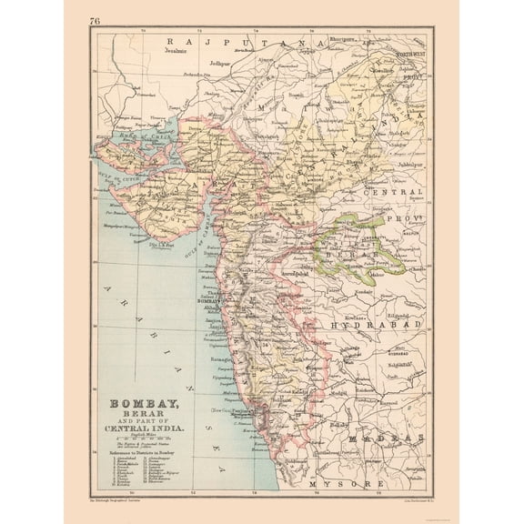 Historic Map - India West Coast - Bartholomew 1892 - Vintage Wall Art