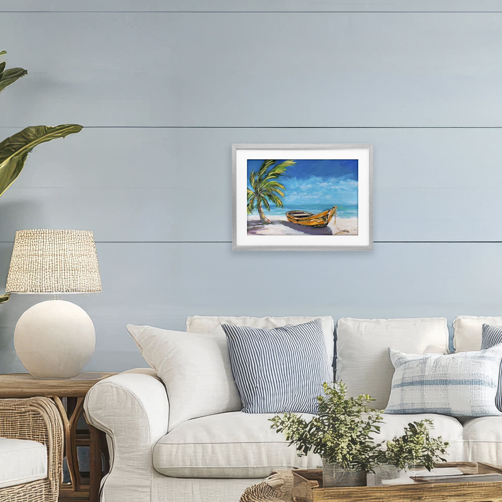Stupell Industries Lost Island Palm & Boat Gray Framed Print Under Glass, design by Julie DeRice