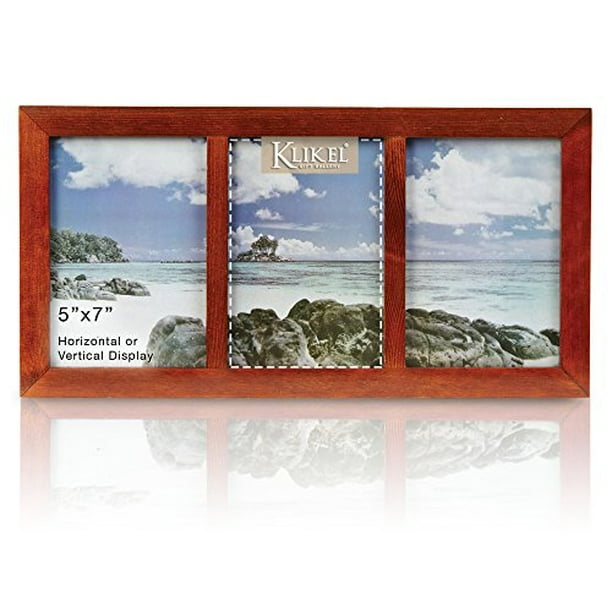 Klikel Photo Collage Frame Walnut Brown Wooden Wall Frame 3 Openings 5x7 Pictures