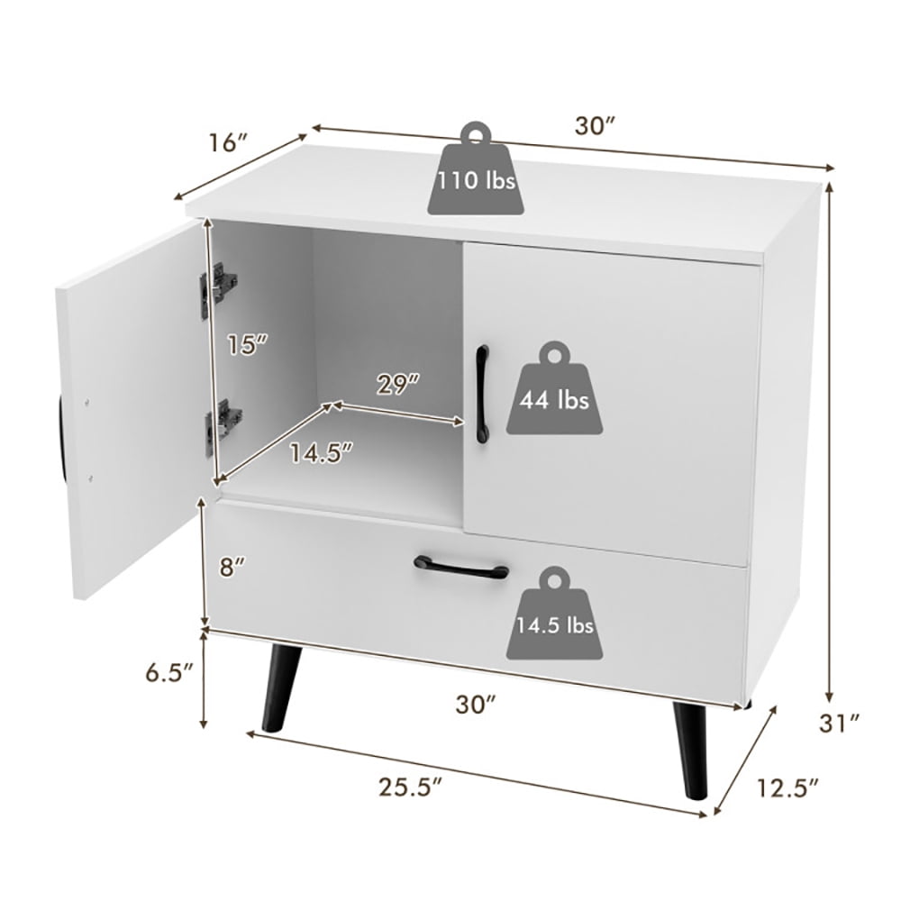 Finihen Storage Cabinet, Mid Century Storage Cabinet with 2 Doors and 1 Pull-out Drawer, for Living Room, Home, Office, Entryway, White