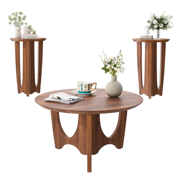 Mid-Century Modern 3-Piece Round Living Room Table Set, Coffee Table & 2 Matching End Tables for Apartment & Small Space
