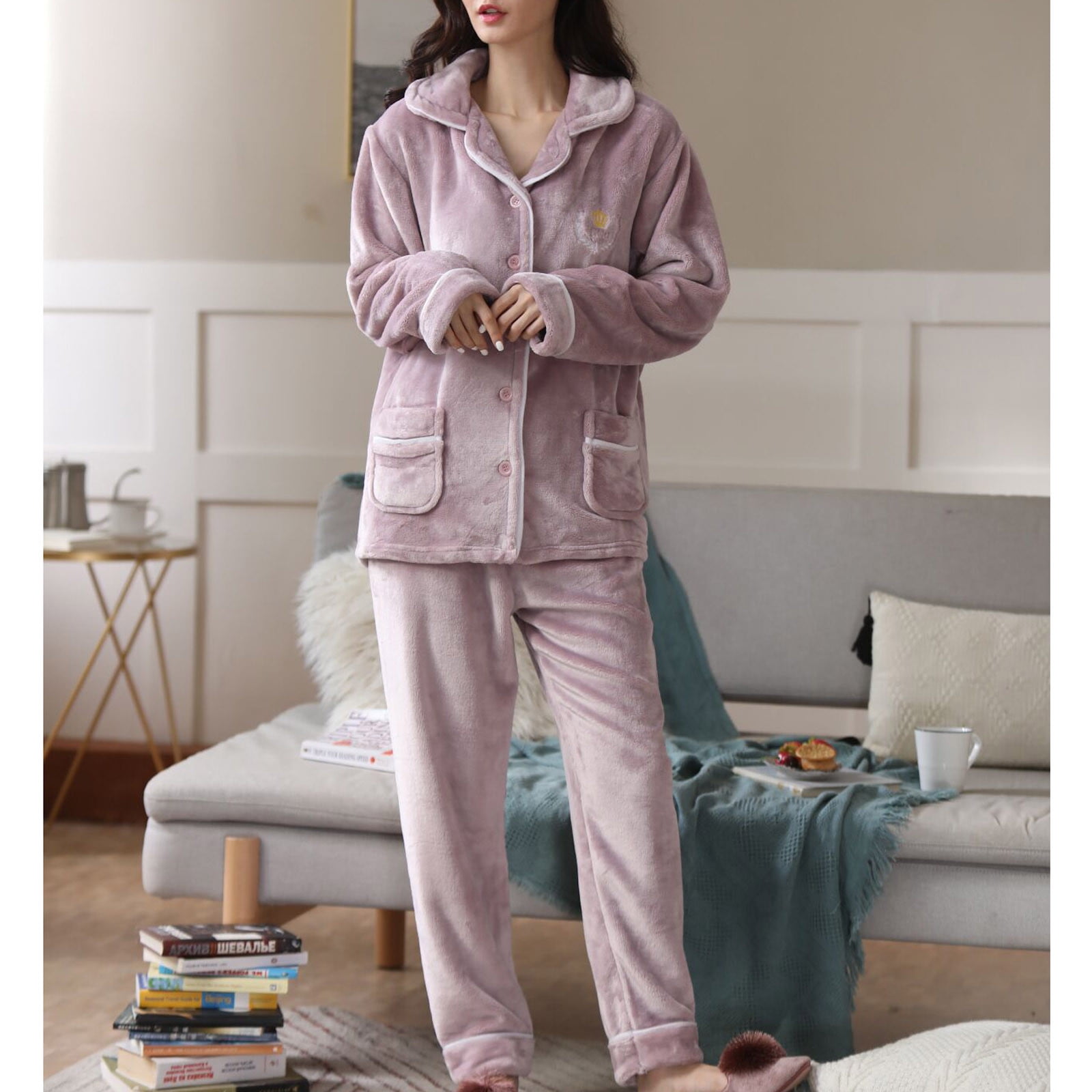 Jovati Flannel Pajama Pants Ladies Fashion Flannel Solid Print Pocket Long Sleeve Long Pants Pajama Suit Purple