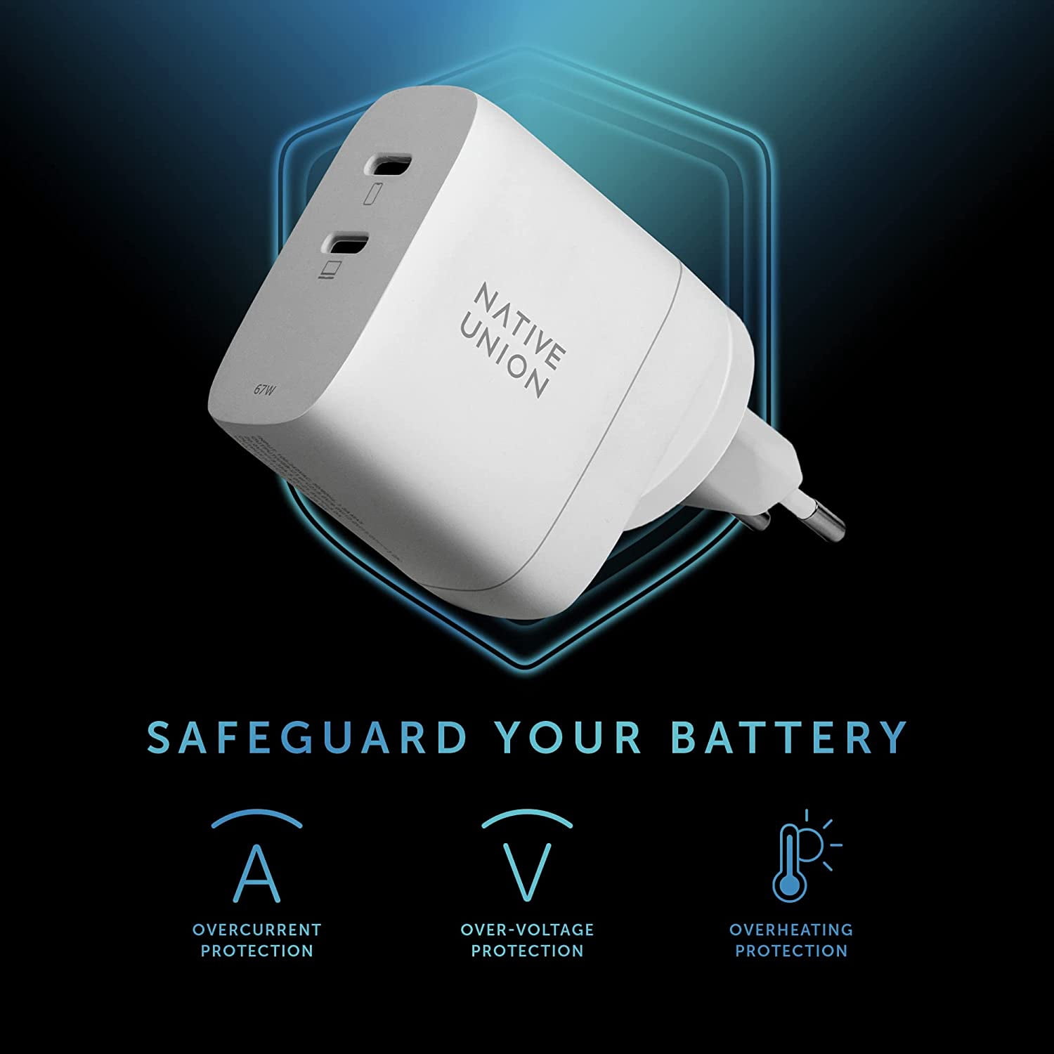 Native Union Fast GaN Charger PD 67W – USB-C Multi-Device Ports with US/CA, EU, UK Adapters (White)