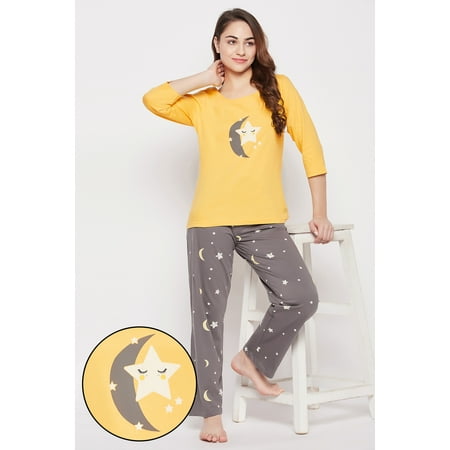 

Star & Moon Print Top in Yellow & Pyjama in Light Grey - 100% Cotton