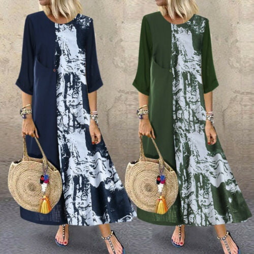 L-5XL aihihe Womens Loose Long Casual Plus Size Dress 3/4 Sleeve Pocket Print Kaftan Beach Maxi Long Dress 