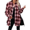 thumbnail image 1 of Camisa a cuadros para mujer, manga larga, cuello de solapa, camisa informal holgada con bolsillos en el pecho para uso diario, oficina, escuela, rojo, XXL, 1 of 6