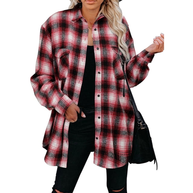 Camisa a cuadros para mujer, manga larga, cuello de solapa, camisa informal holgada con bolsillos en el pecho para uso diario, oficina, escuela, rojo, XXL