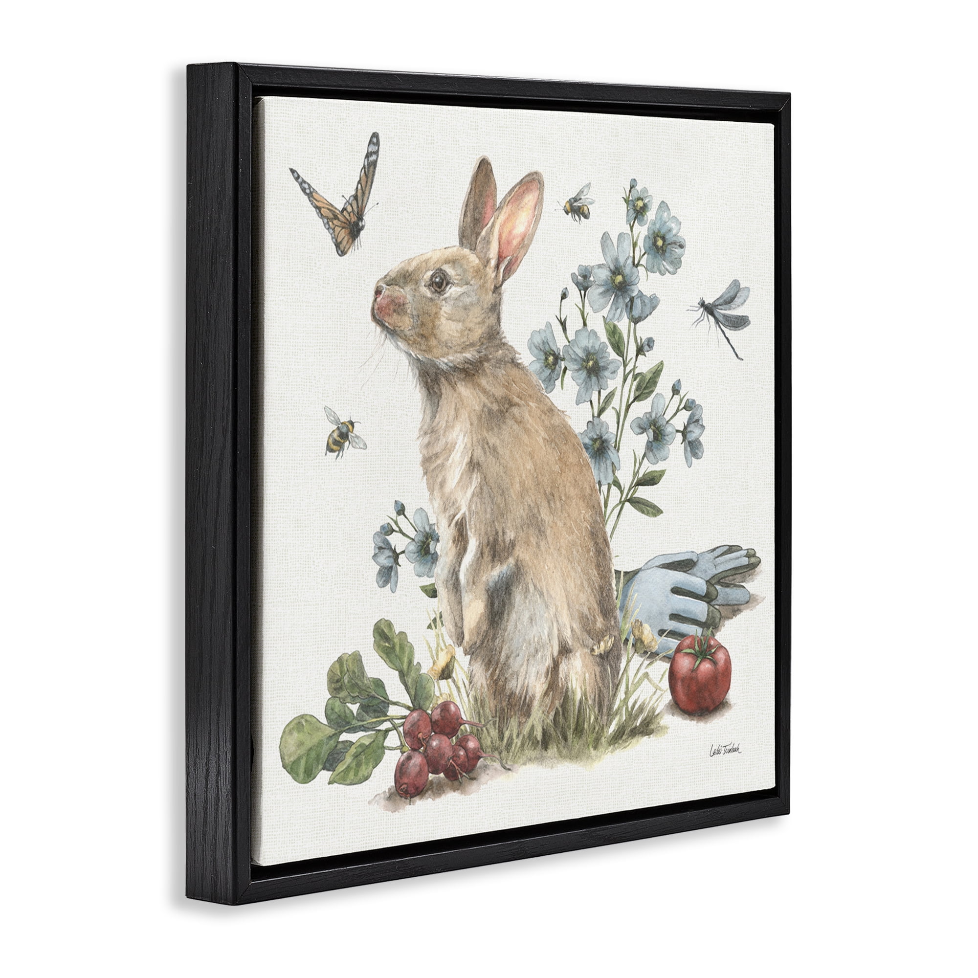 Stupell Industries Garden Patch Bunny Animals & Insects Painting Black Floater Framed Canvas Art Print Wall Art, 18 x 18