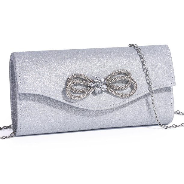 Bolso de noche DETARA con lazo de cristal brillante, bolso de mano plateado
