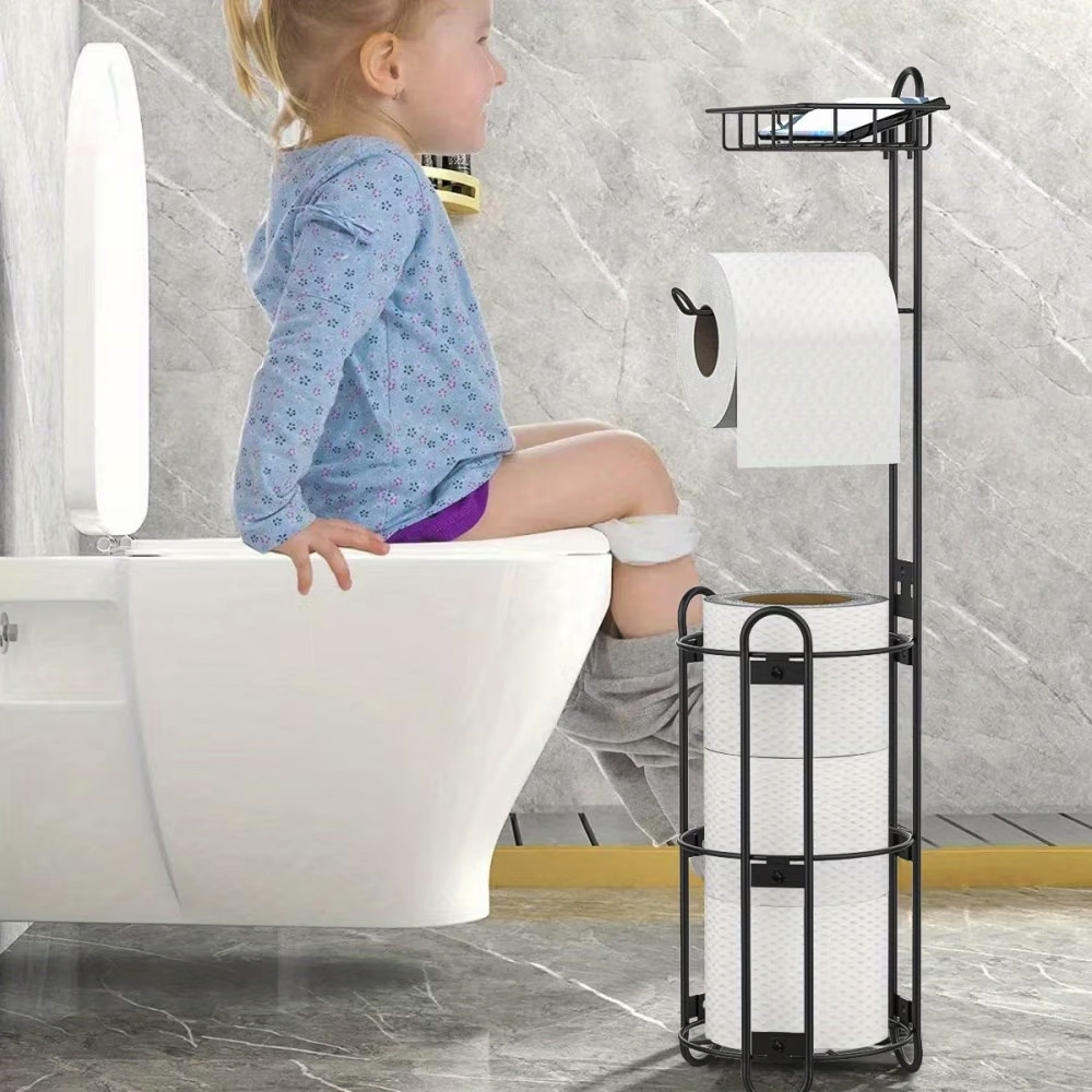 Bxaolu Toilet Paper Holder Free Standing – Rustproof Metal Toilet Paper Stand for 4 Rolls with Shelf for Phone & Small Items, Bathroom Organizers and Storage, Black